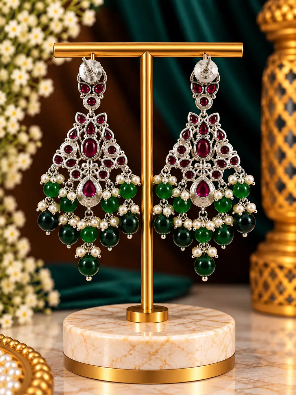 Stone Pearl Drop Statement Earrings