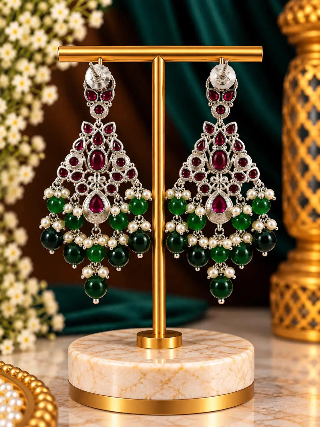Stone Pearl Drop Statement Earrings