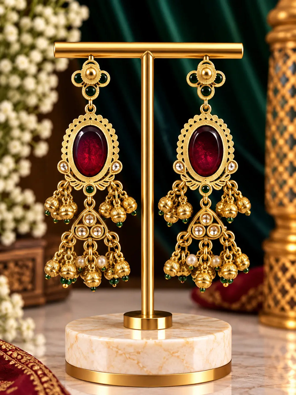 Stone Gold Tone Pearl Jhumka Earrings