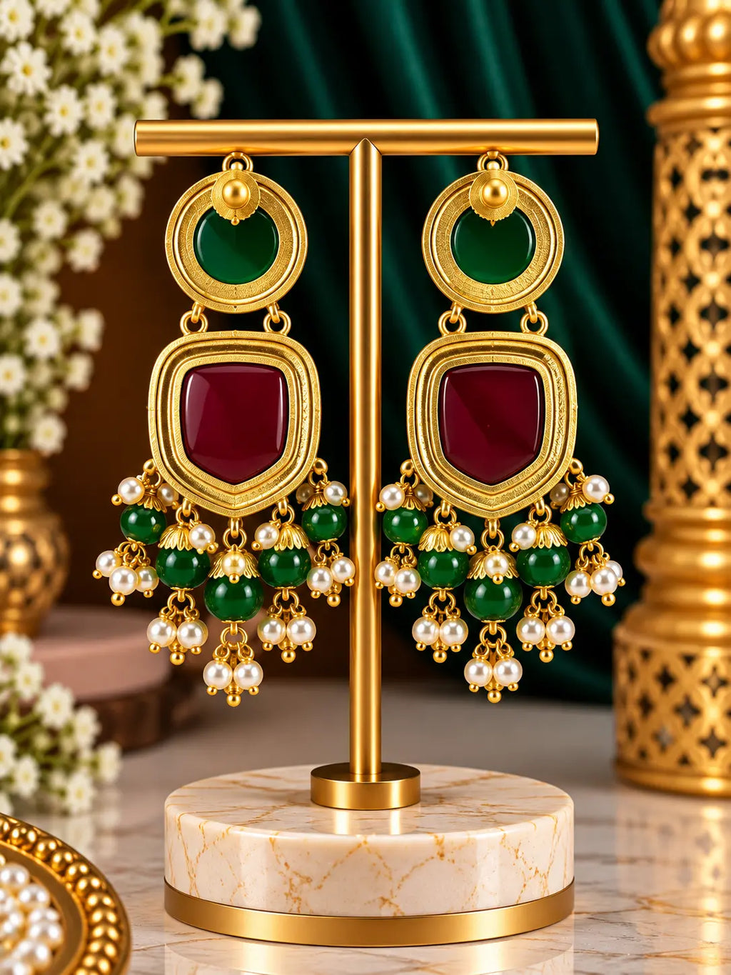 Stone Pearl Drop Earrings