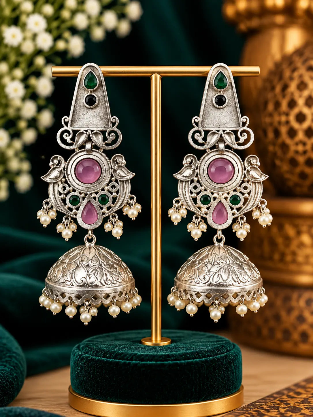 Pearl Oxidised Jhumka Earrings