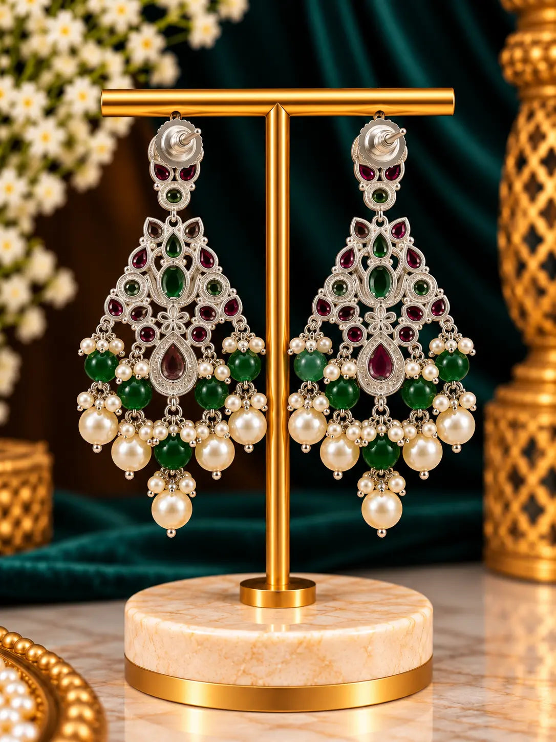 Stone Pearl Drop Statement Earrings