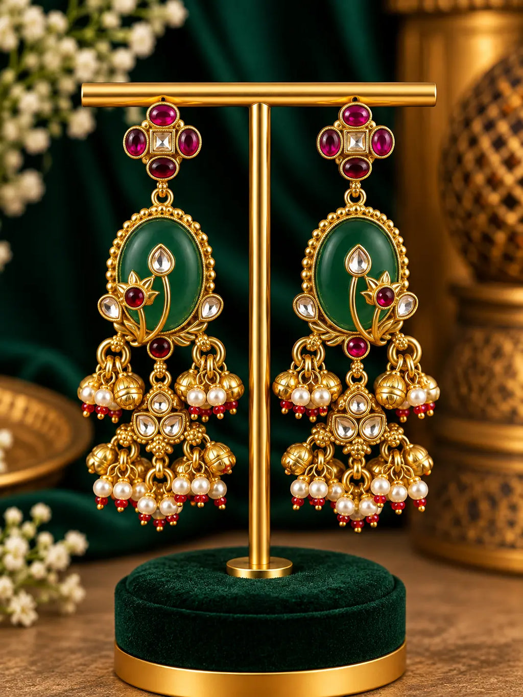 Stone Gold Tone Pearl Jhumka Earrings