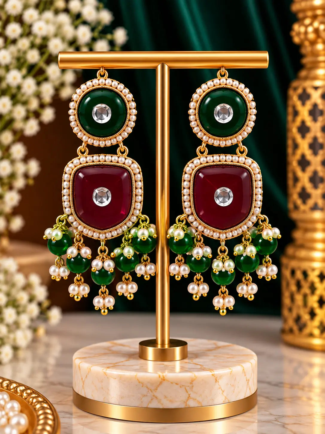 Stone Pearl Drop Earrings