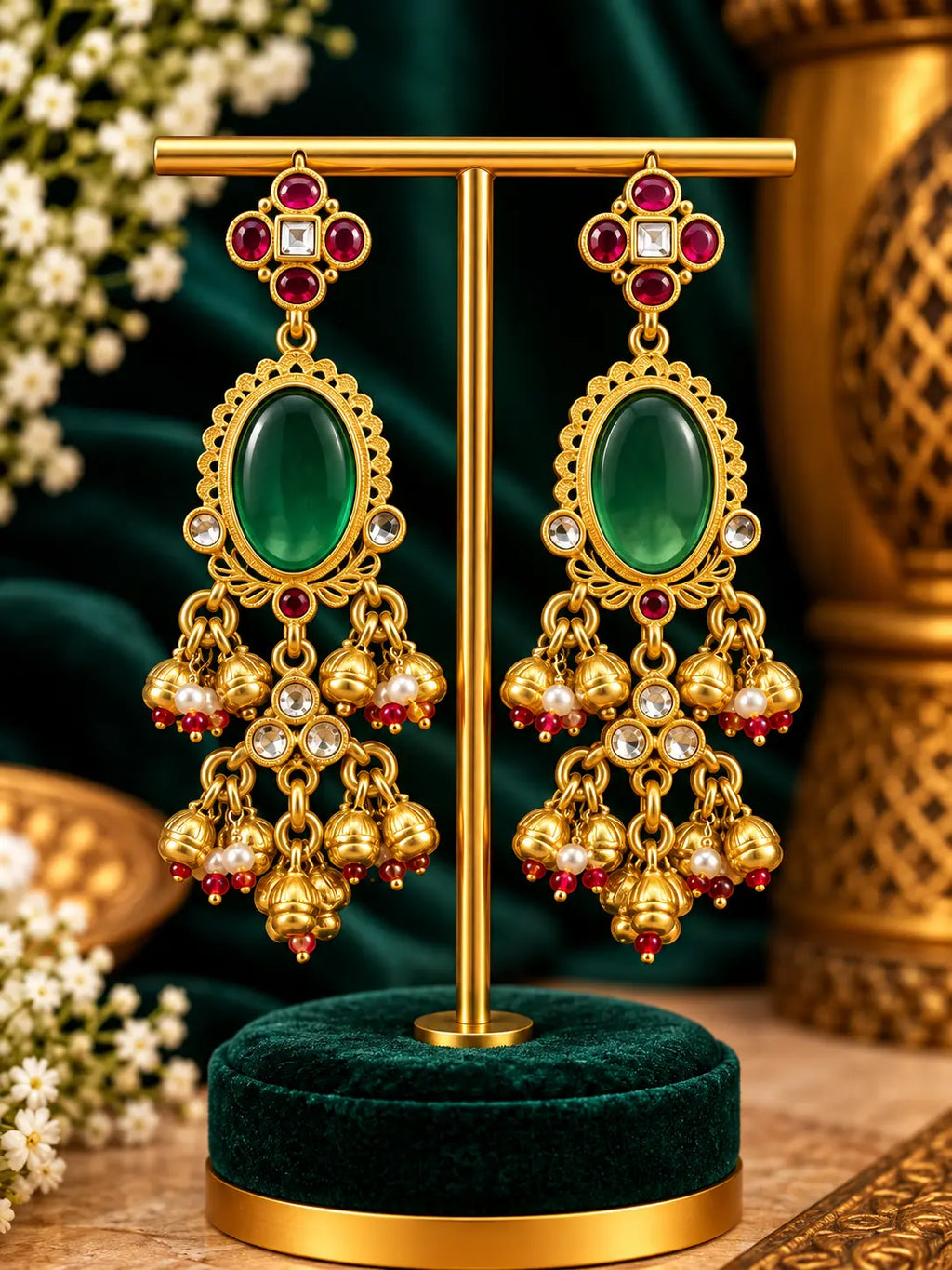 Stone Gold Tone Pearl Jhumka Earrings