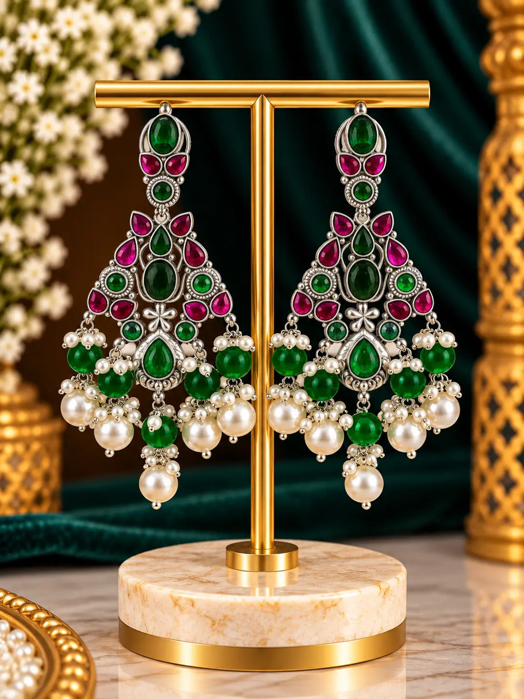 Stone Pearl Drop Statement Earrings