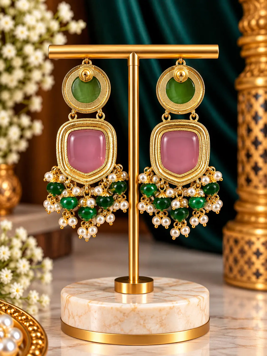 Stone Pearl Drop Earrings
