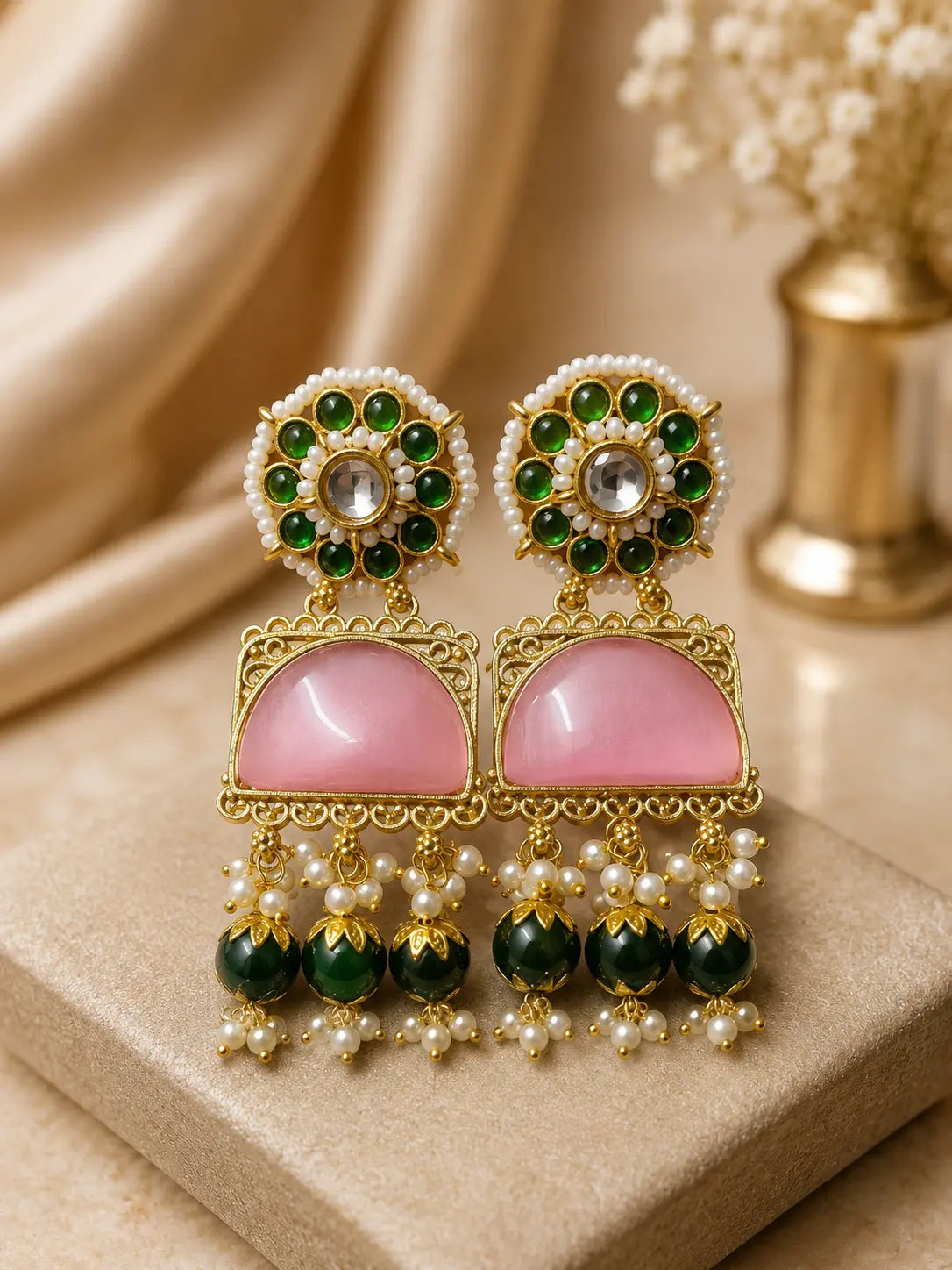Royal Emerald & Blush Pearl Jhumkas