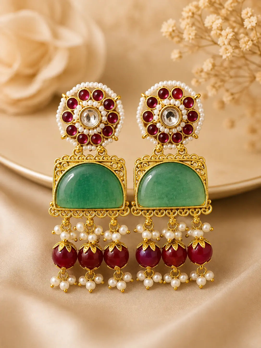Royal Emerald & Blush Pearl Jhumkas