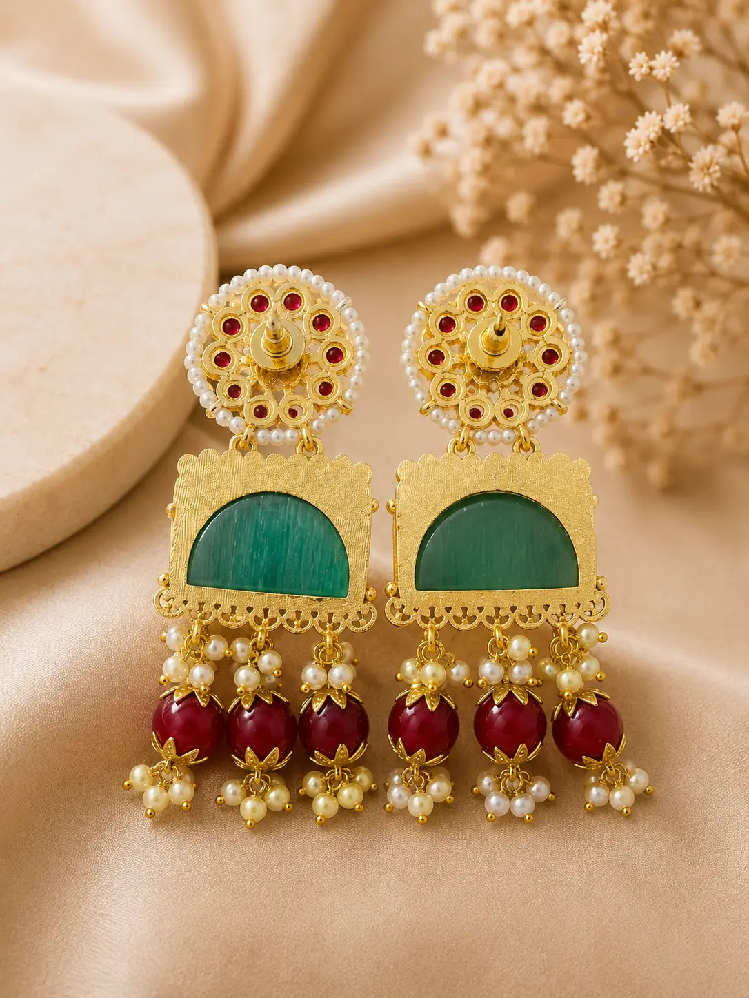 Royal Emerald & Blush Pearl Jhumkas