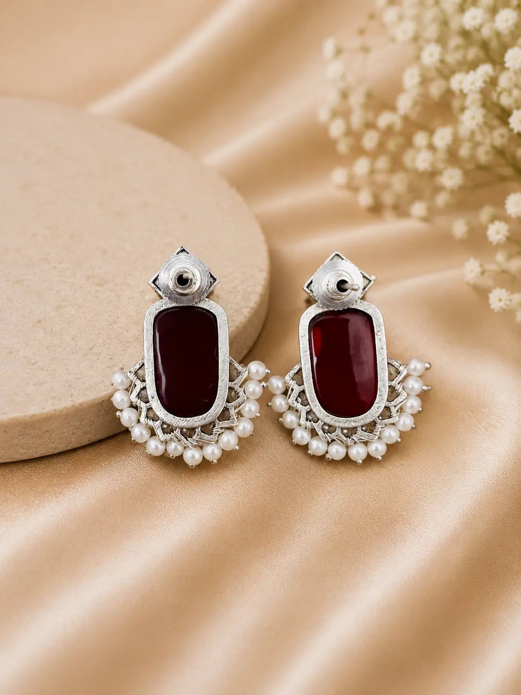 Elegant Pink & Green Stone Pearl Earrings