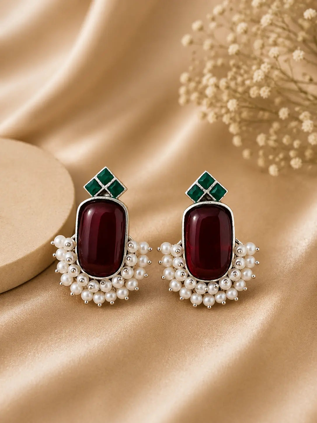 Elegant Pink & Green Stone Pearl Earrings