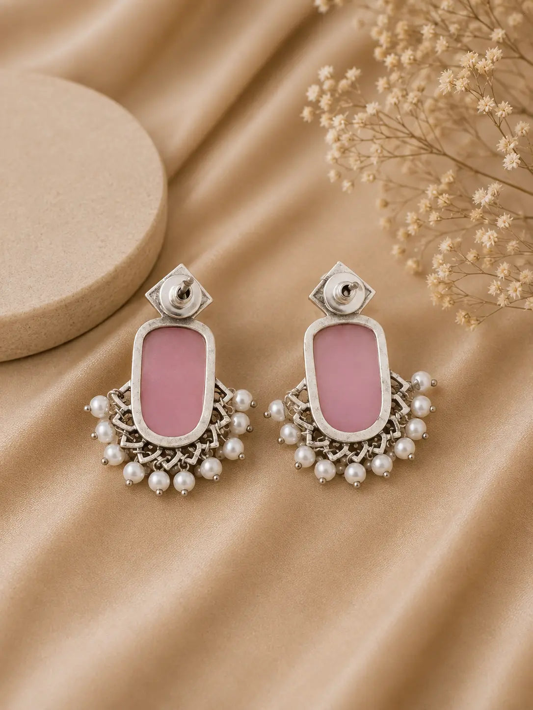 Elegant Pink & Green Stone Pearl Earrings