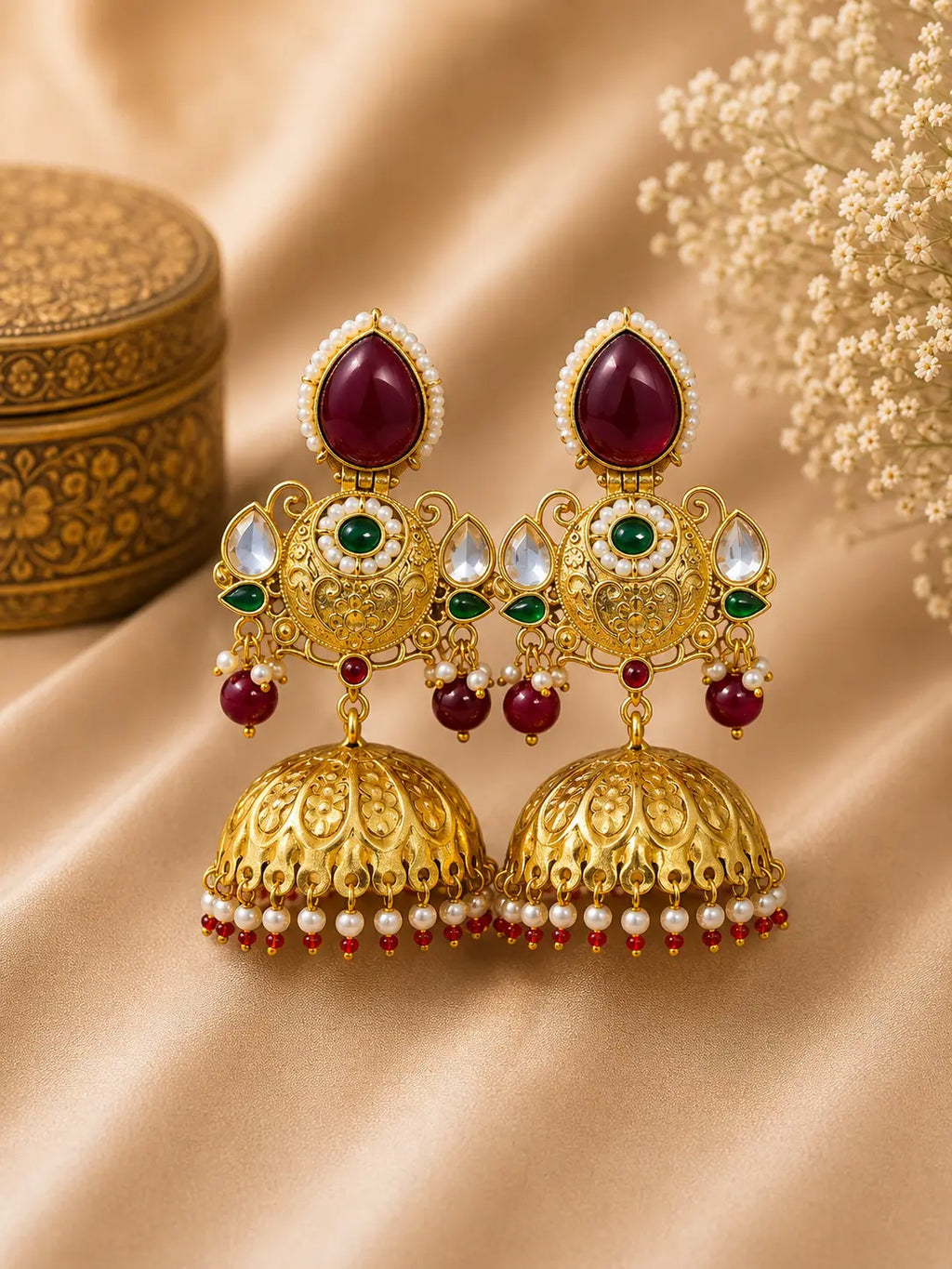 Kundan Pearl Gold Jhumka Earrings