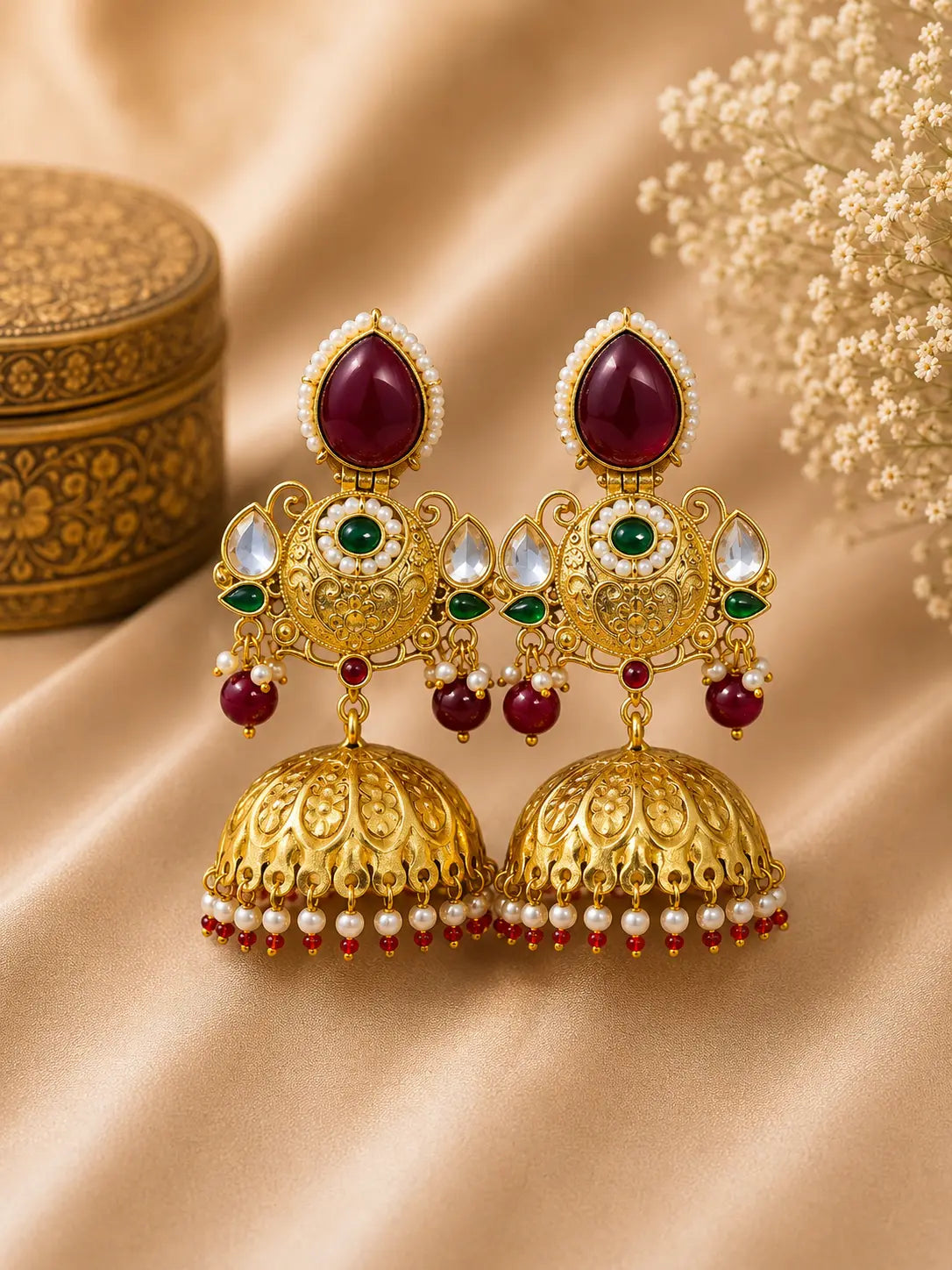 Kundan Pearl Gold Jhumka Earrings