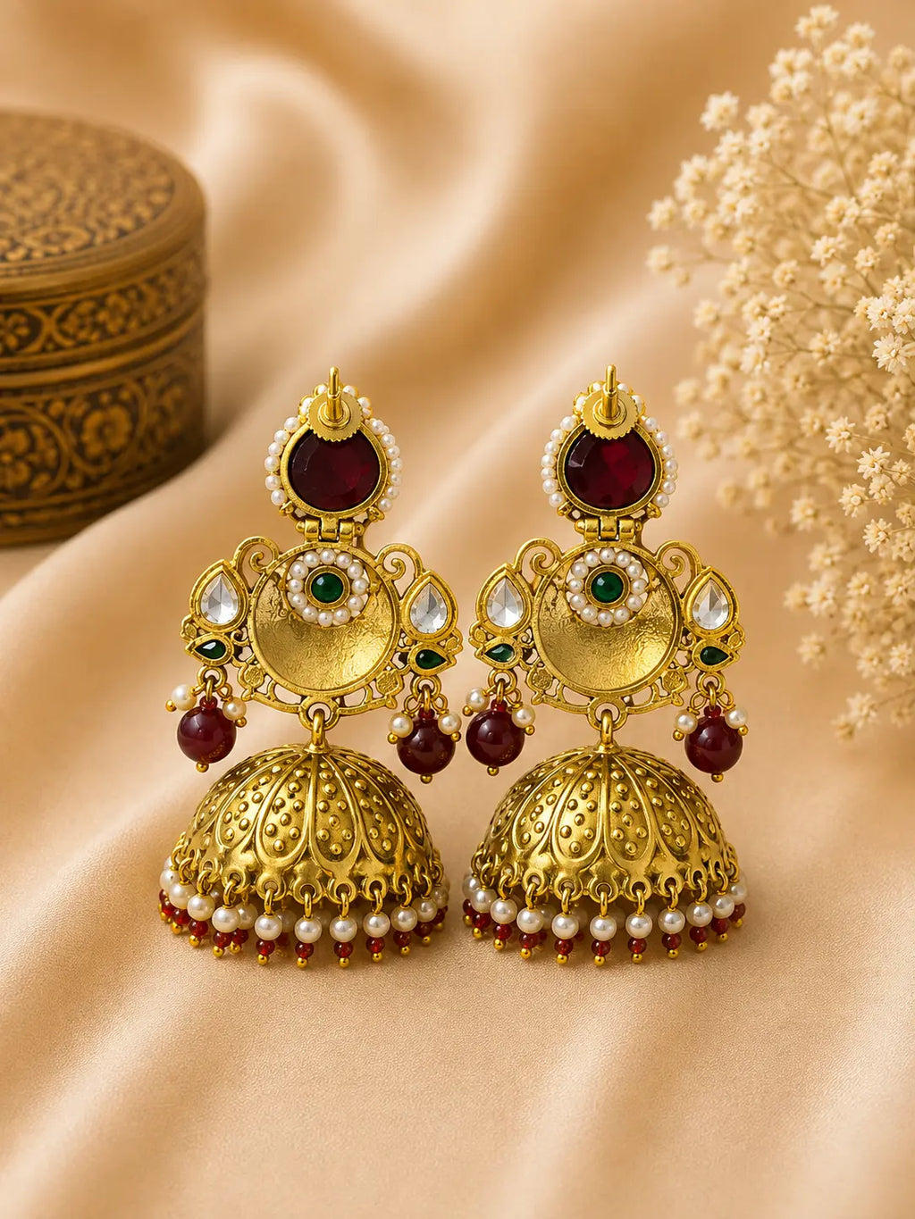 Kundan Pearl Gold Jhumka Earrings