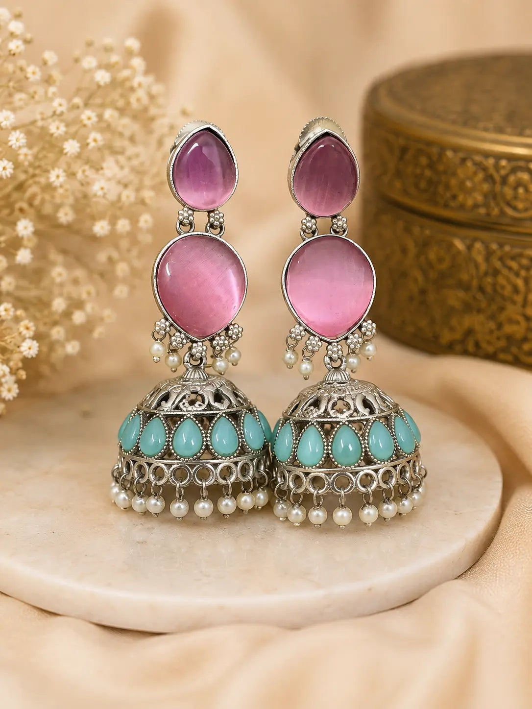 Silver-Plated Jhumka Earrings with Pearl Drops