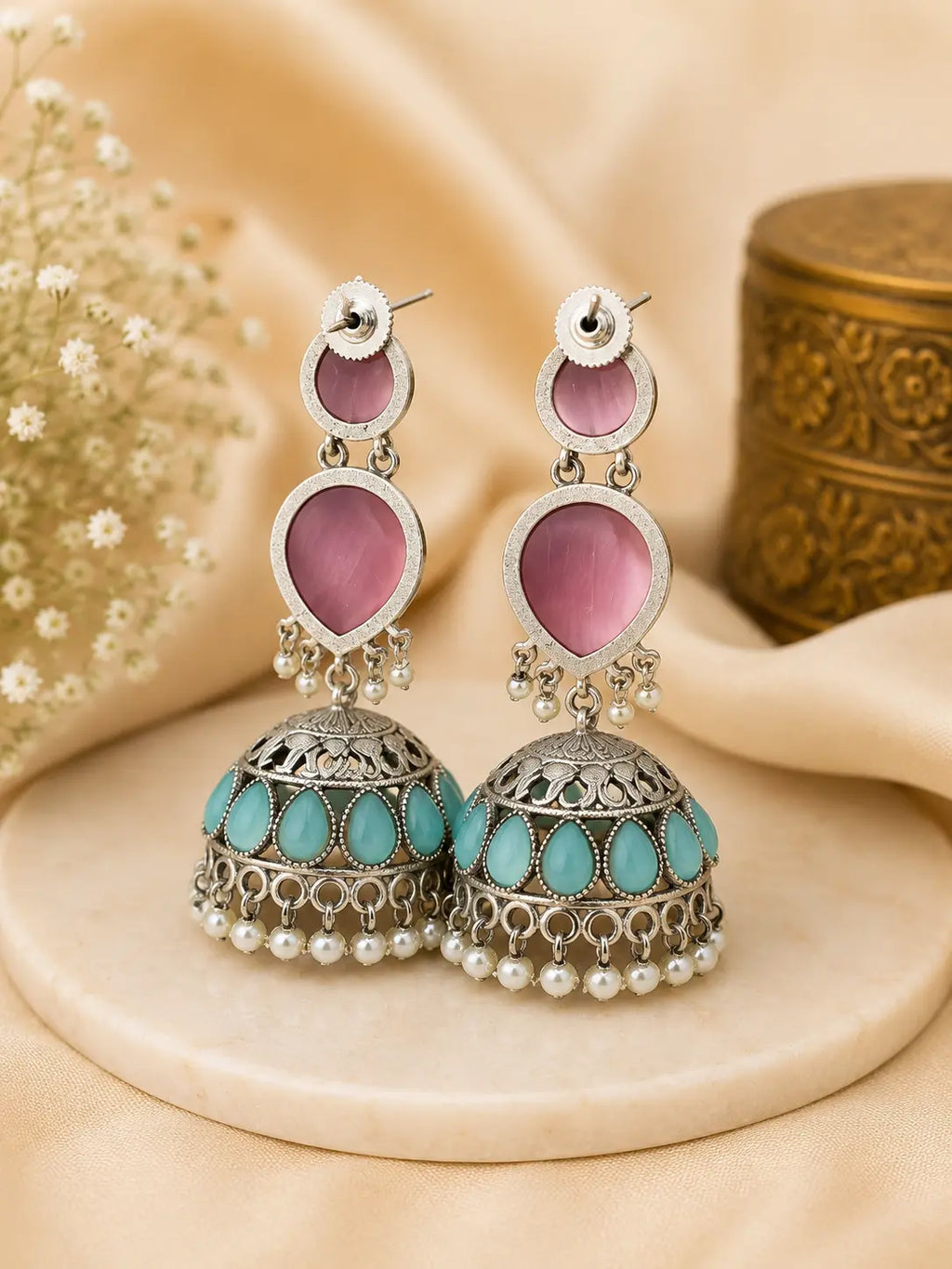 Silver-Plated Jhumka Earrings with Pearl Drops