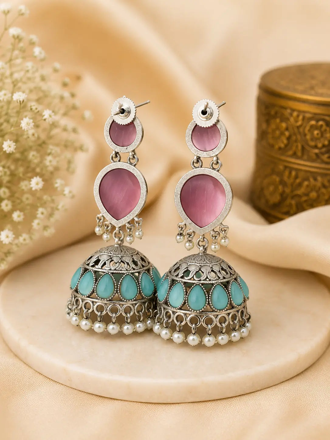 Silver-Plated Jhumka Earrings with Pearl Drops