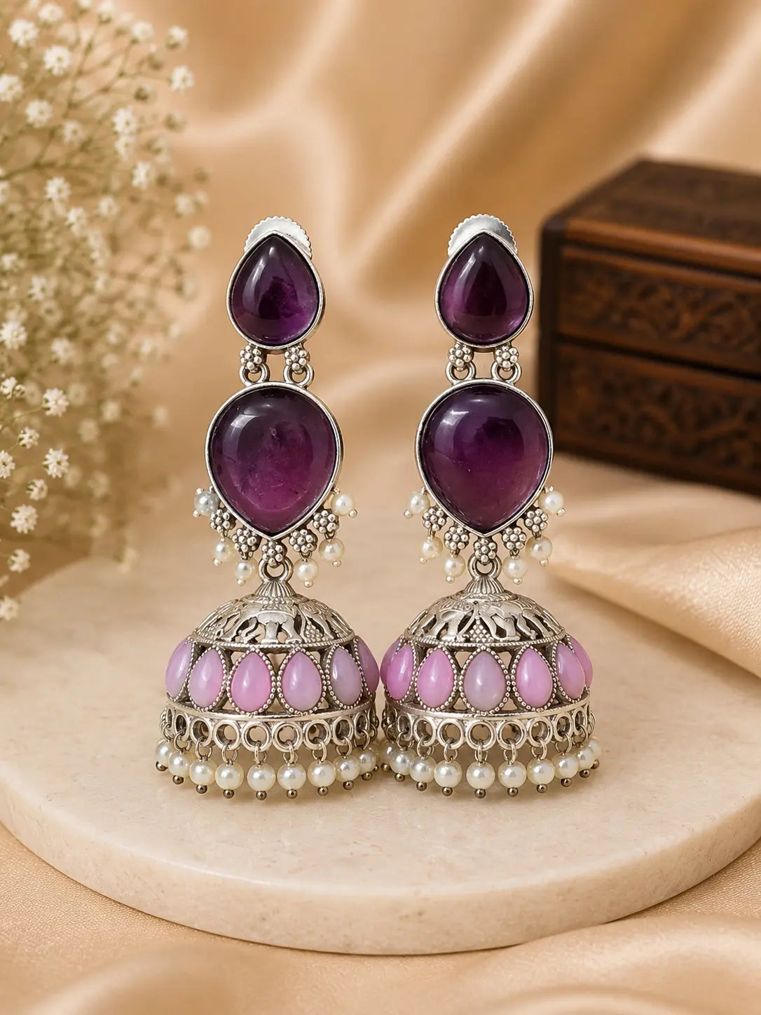 Silver-Plated Jhumka Earrings with Pearl Drops