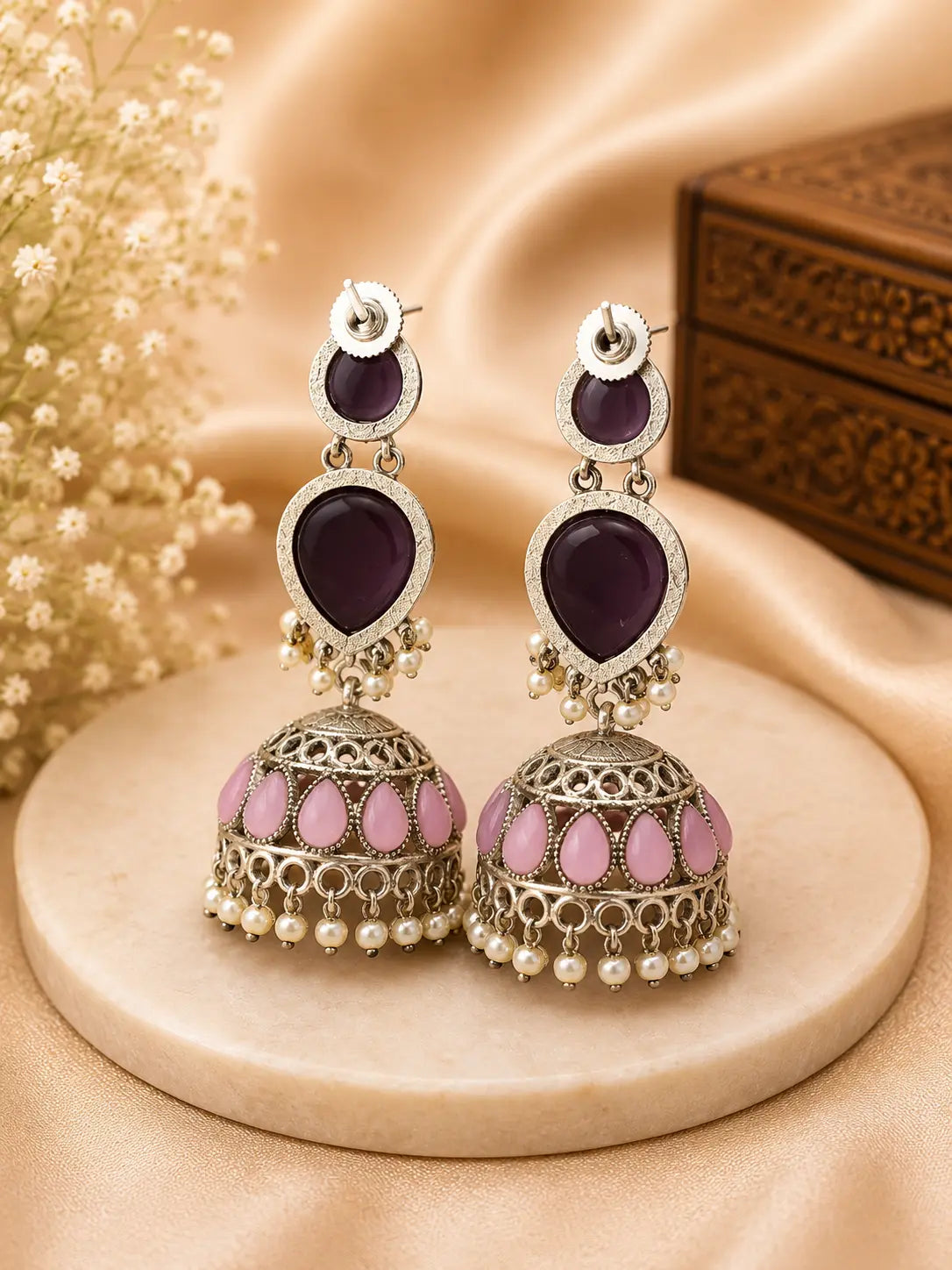 Silver-Plated Jhumka Earrings with Pearl Drops