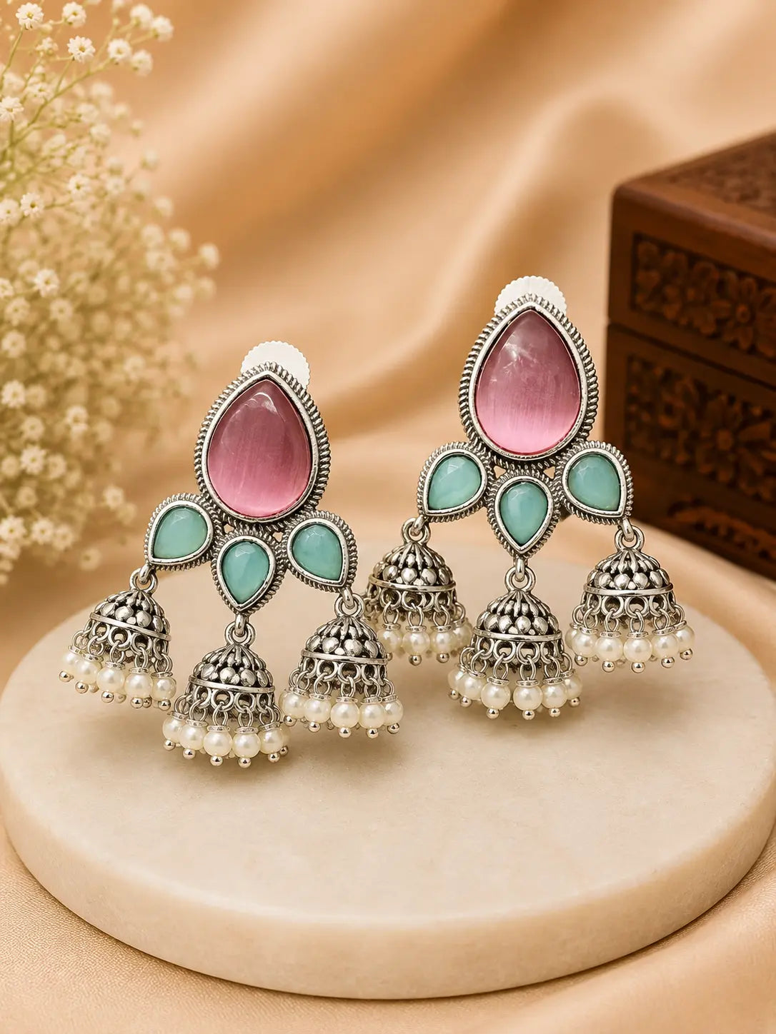 Dual-Tone Stone Jhumka Earrings