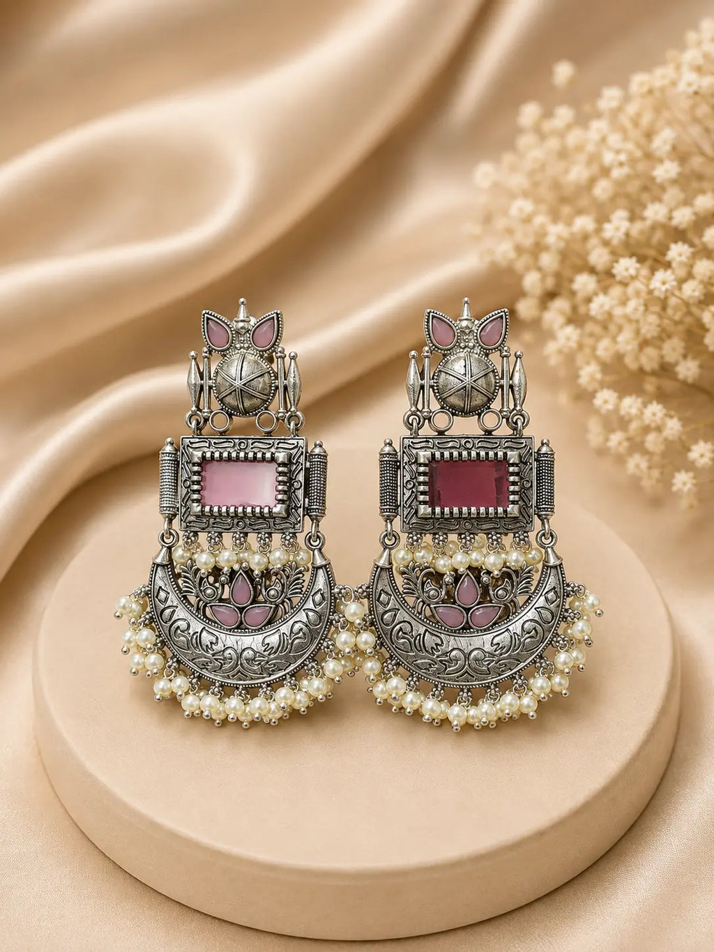 Onyx & Light Pink Oxidised Silver Earrings