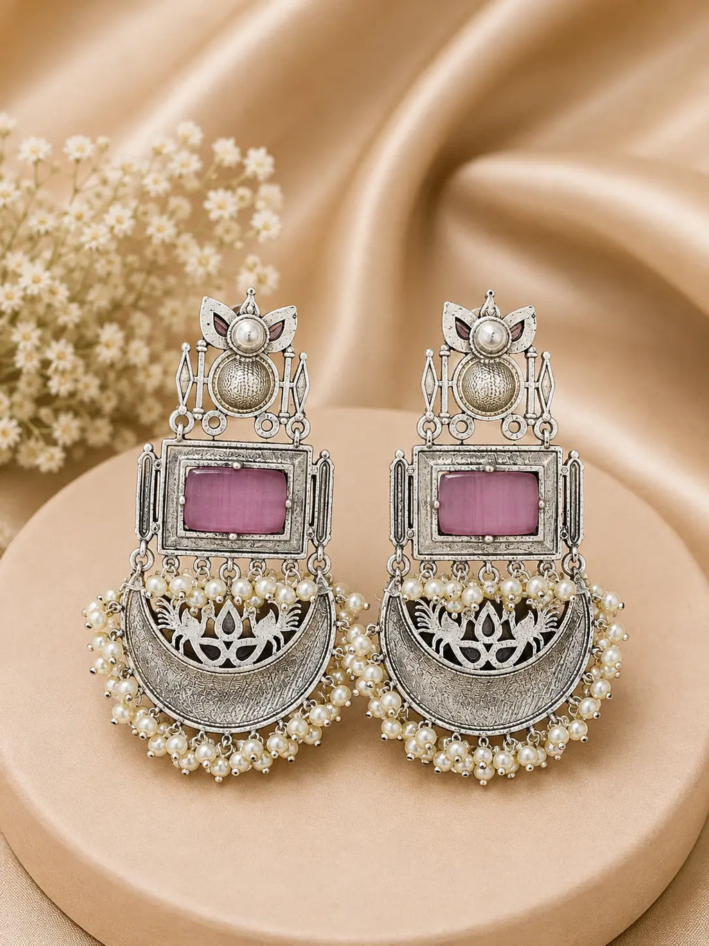 Onyx & Light Pink Oxidised Silver Earrings