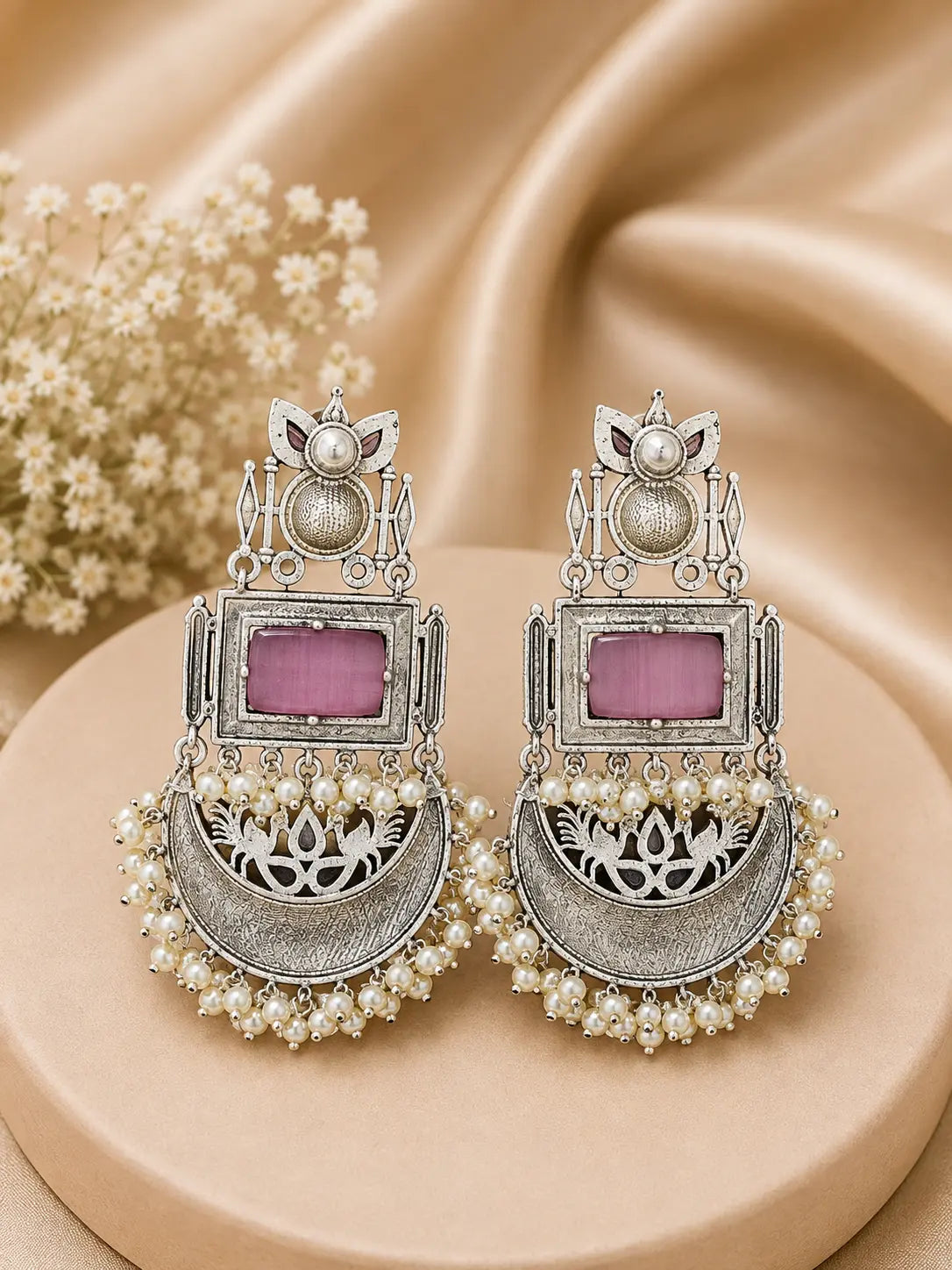Onyx & Light Pink Oxidised Silver Earrings