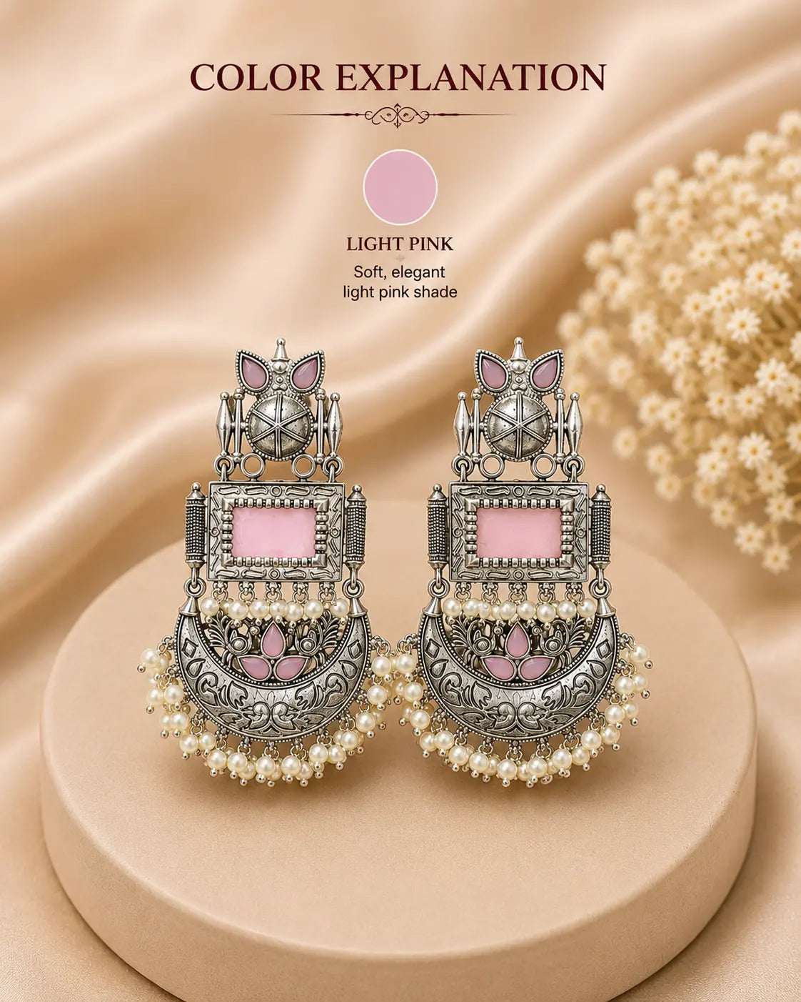 Onyx & Light Pink Oxidised Silver Earrings