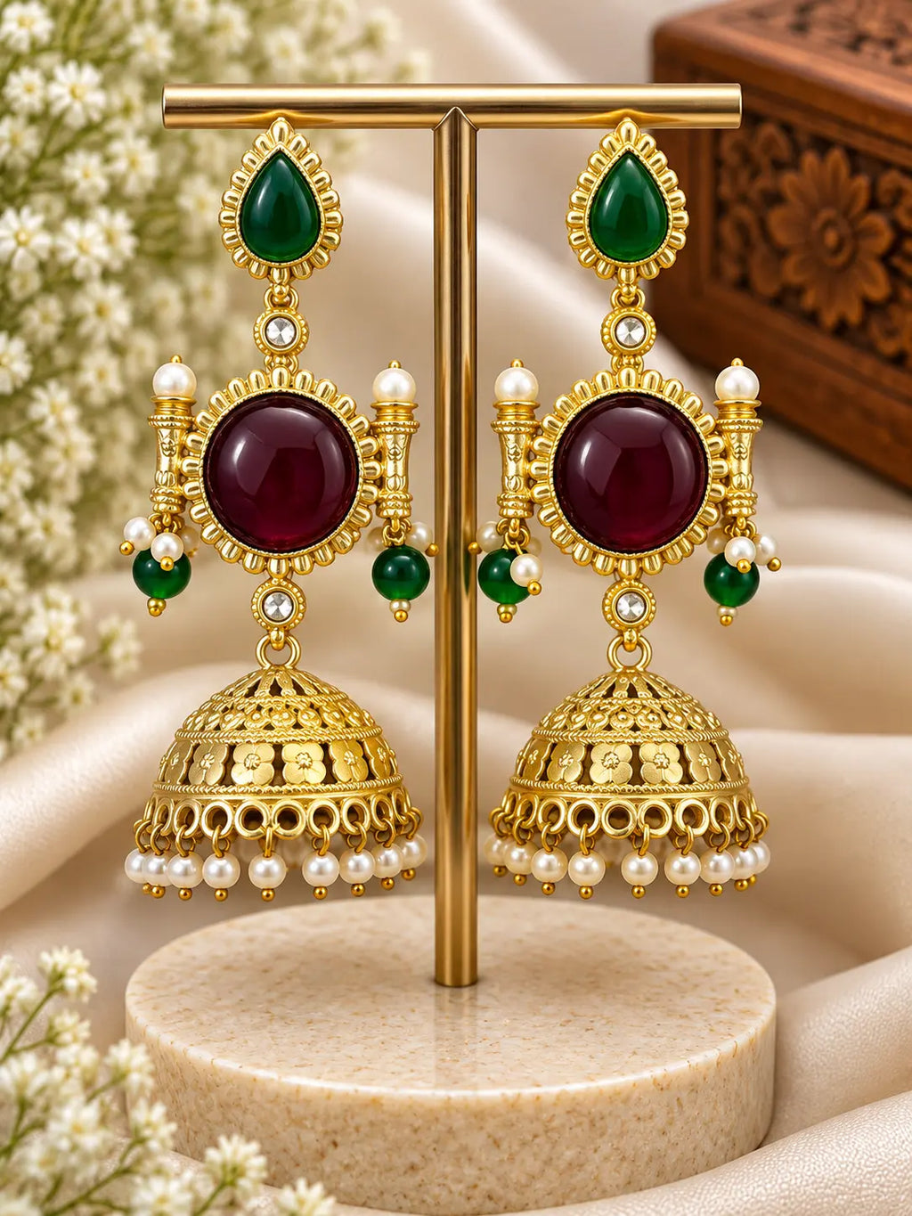 Stone Jhumka Earrings with Pearl Drops