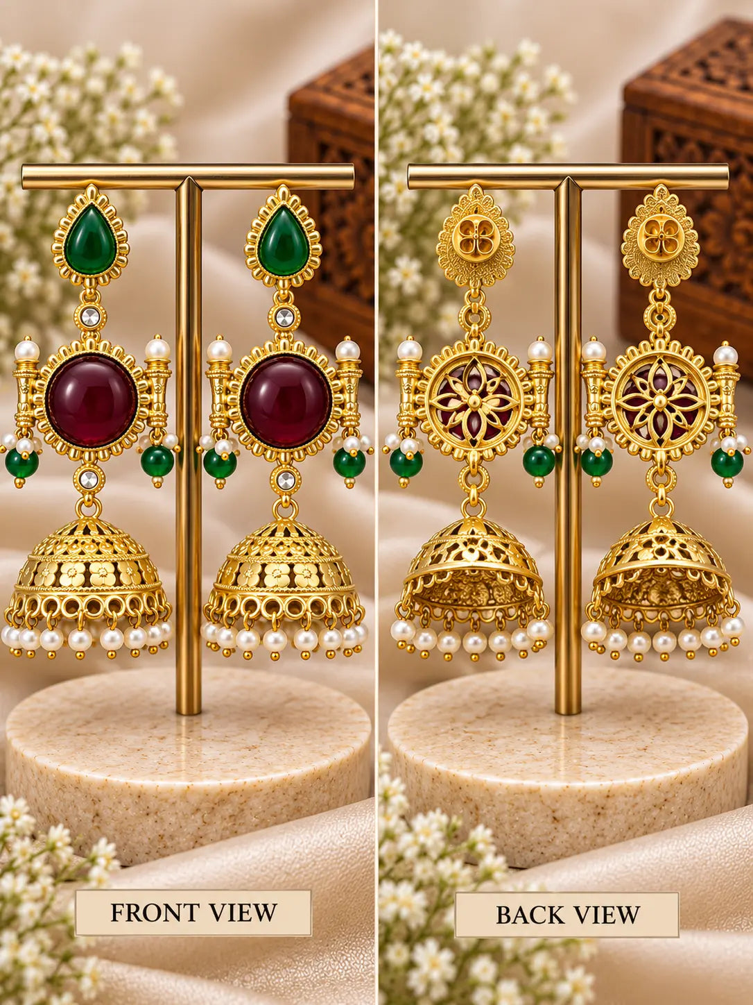Stone Jhumka Earrings with Pearl Drops