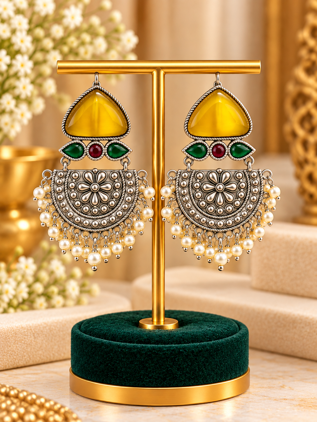 Oxidised Silver Pearl Chandbali Earrings