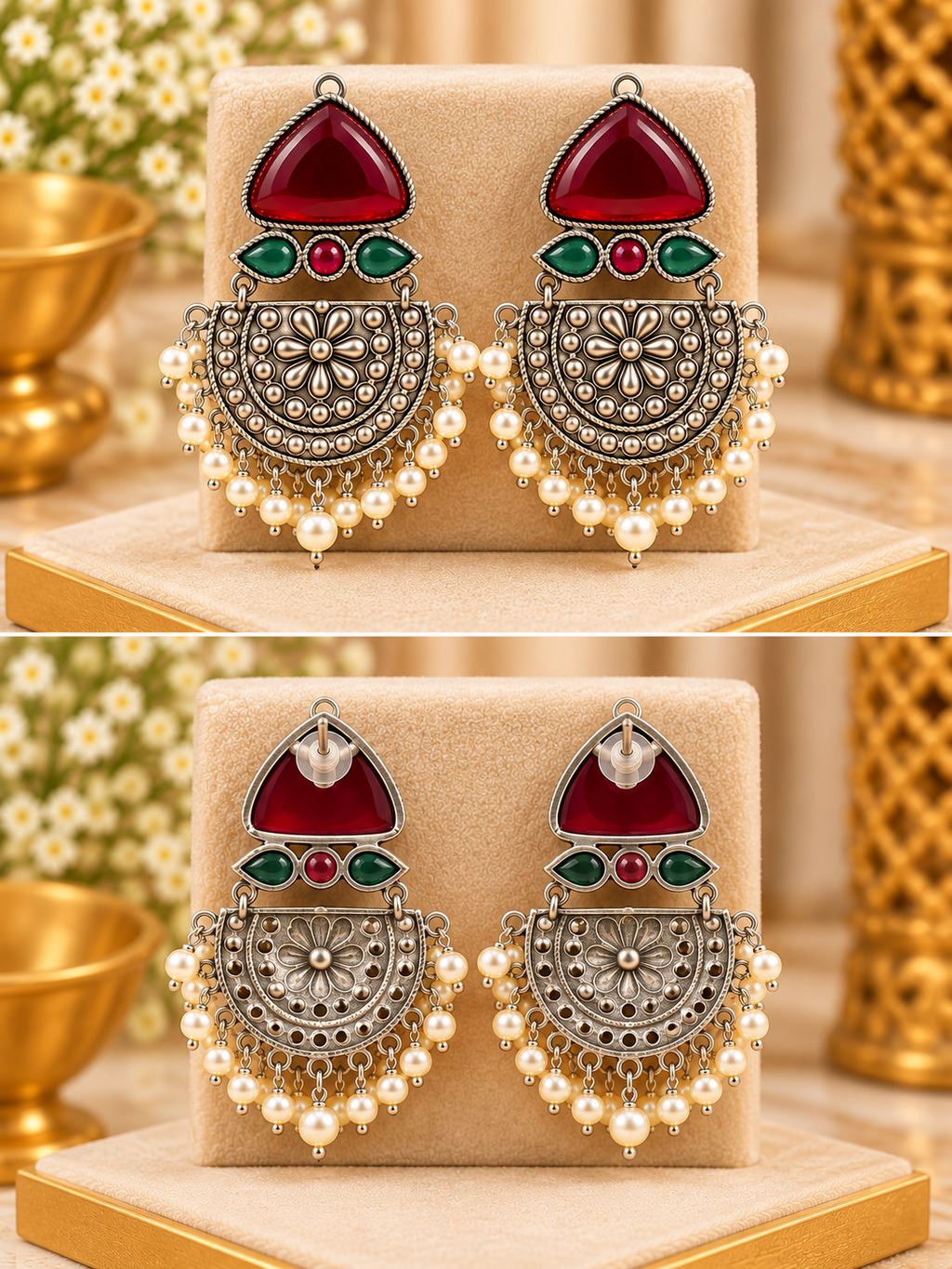 Oxidised Silver Pearl Chandbali Earrings