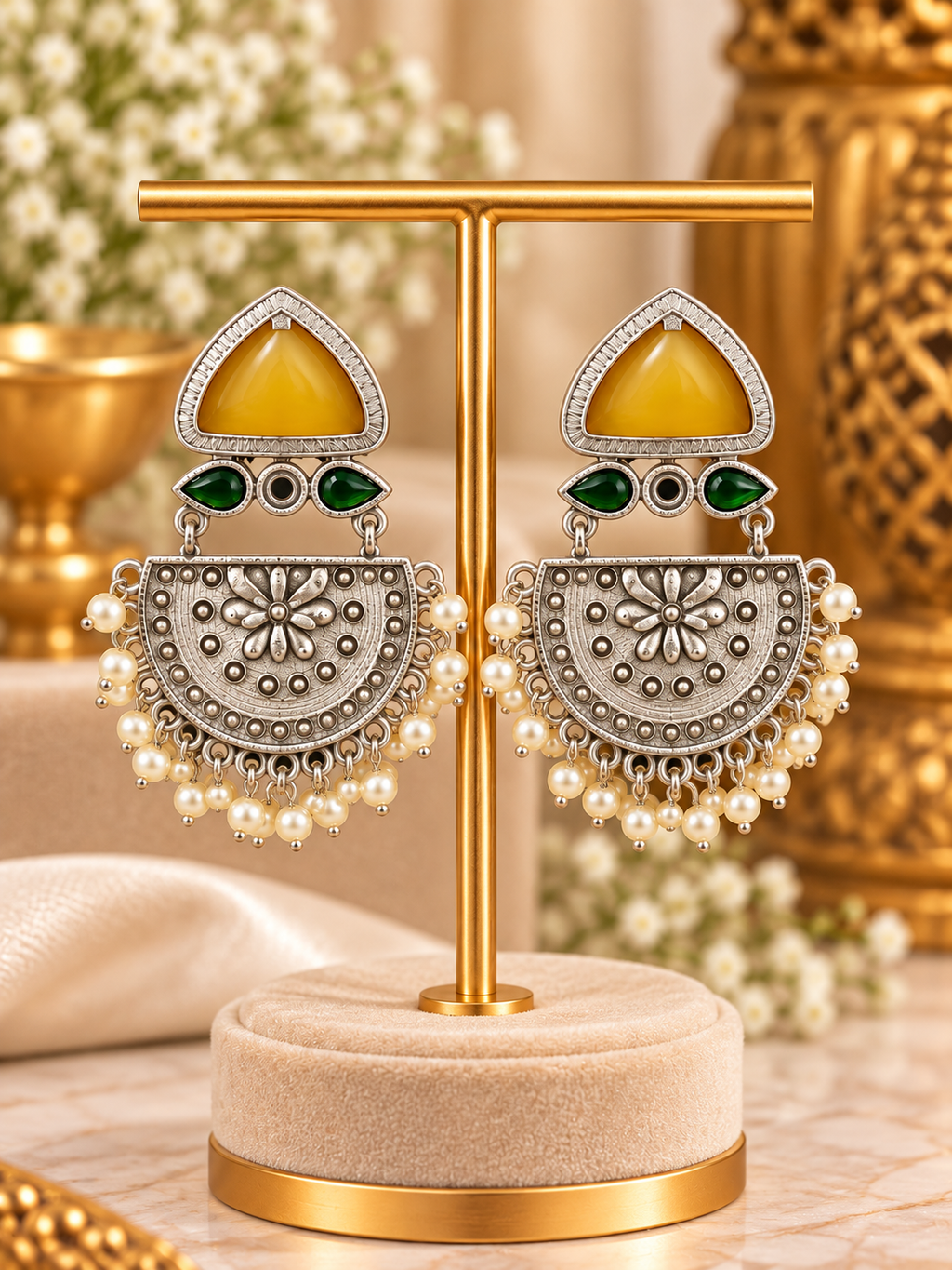 Oxidised Silver Pearl Chandbali Earrings