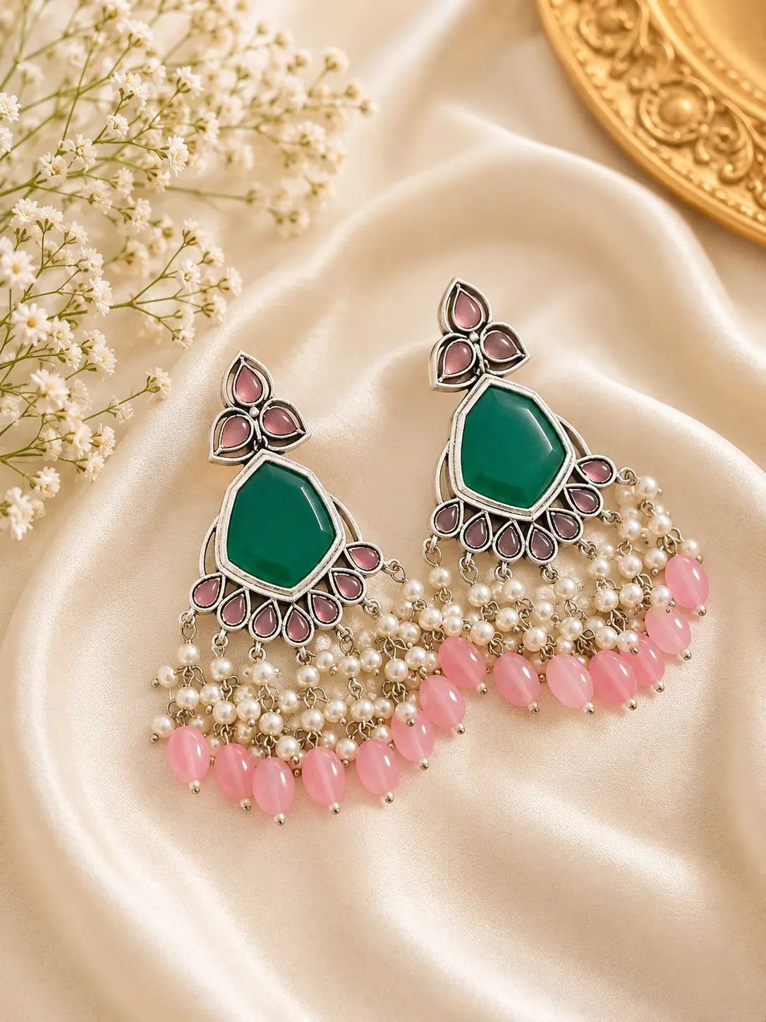 Royal Green & Pink Pearl Statement Earrings
