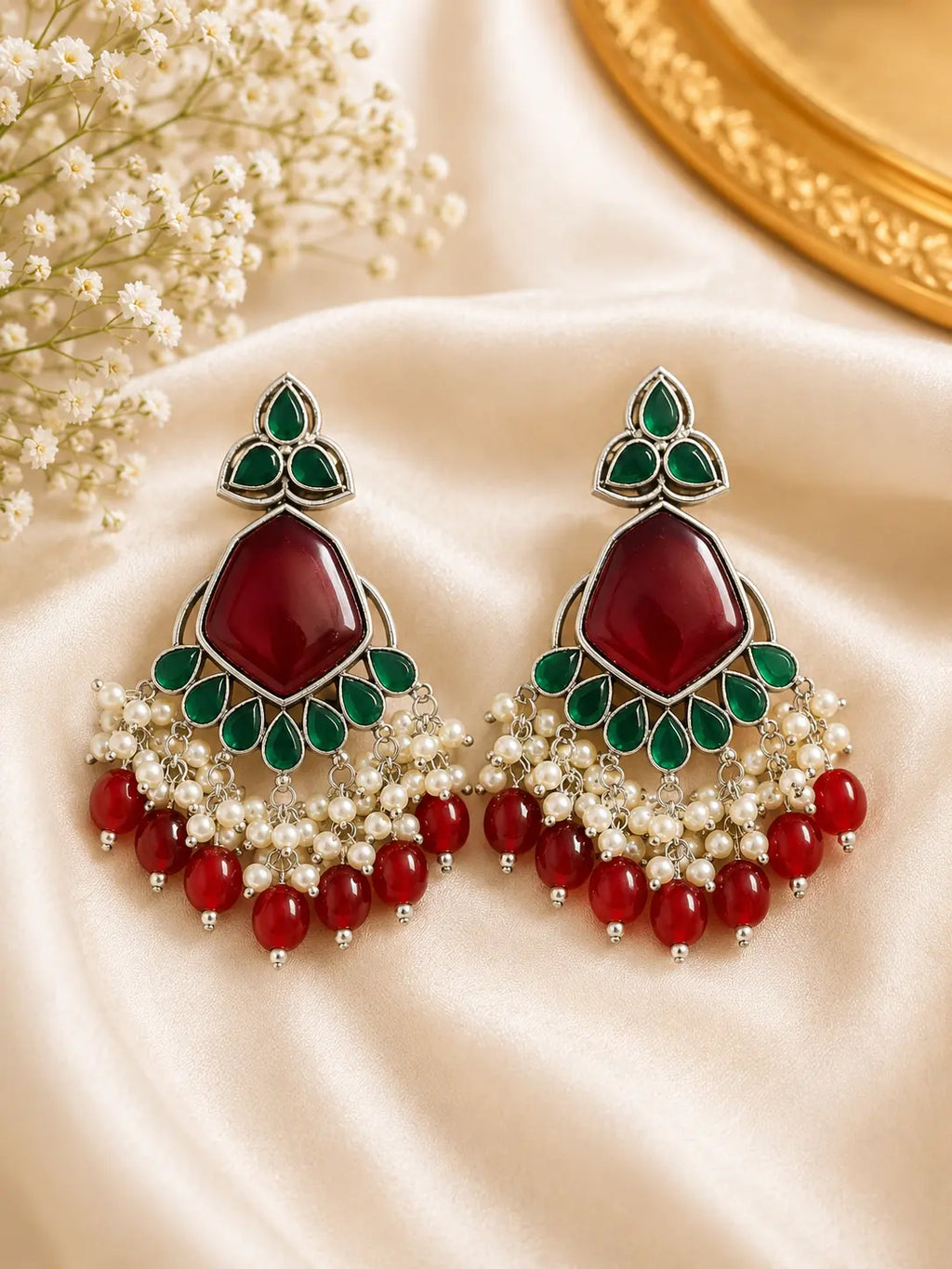 Royal Green & Pink Pearl Statement Earrings