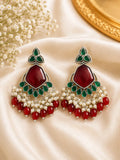 Royal Green & Pink Pearl Statement Earrings