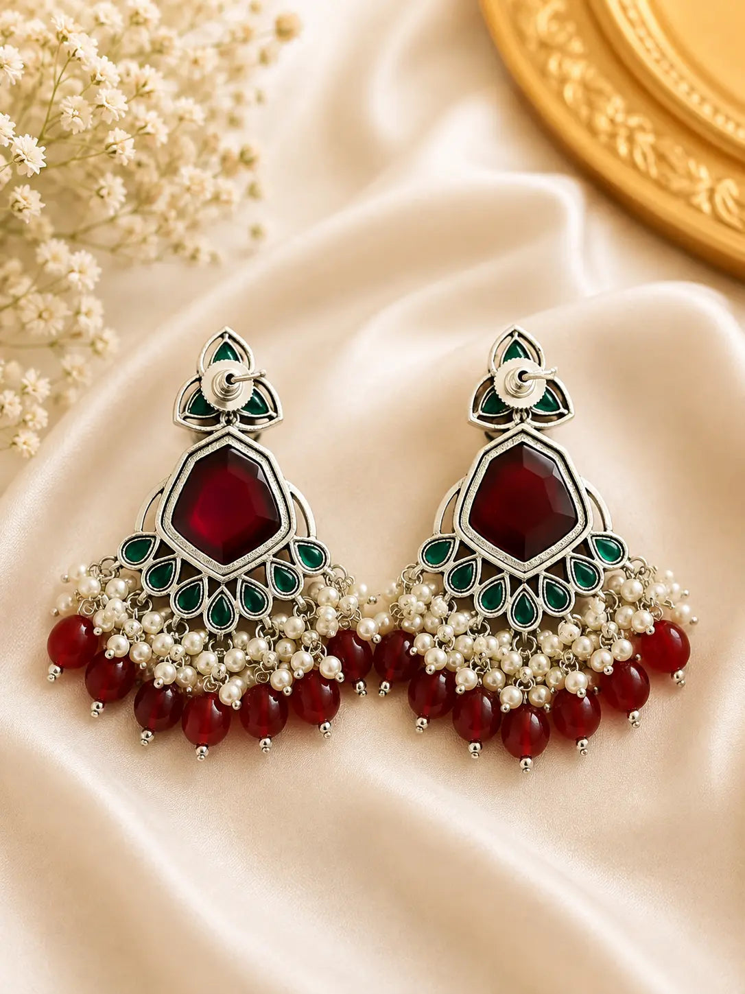 Royal Green & Pink Pearl Statement Earrings