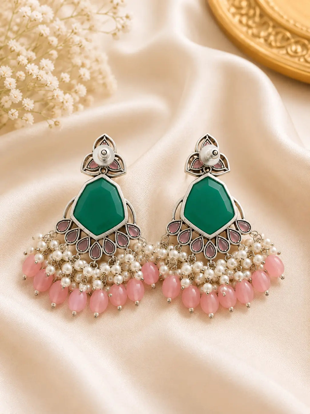 Royal Green & Pink Pearl Statement Earrings