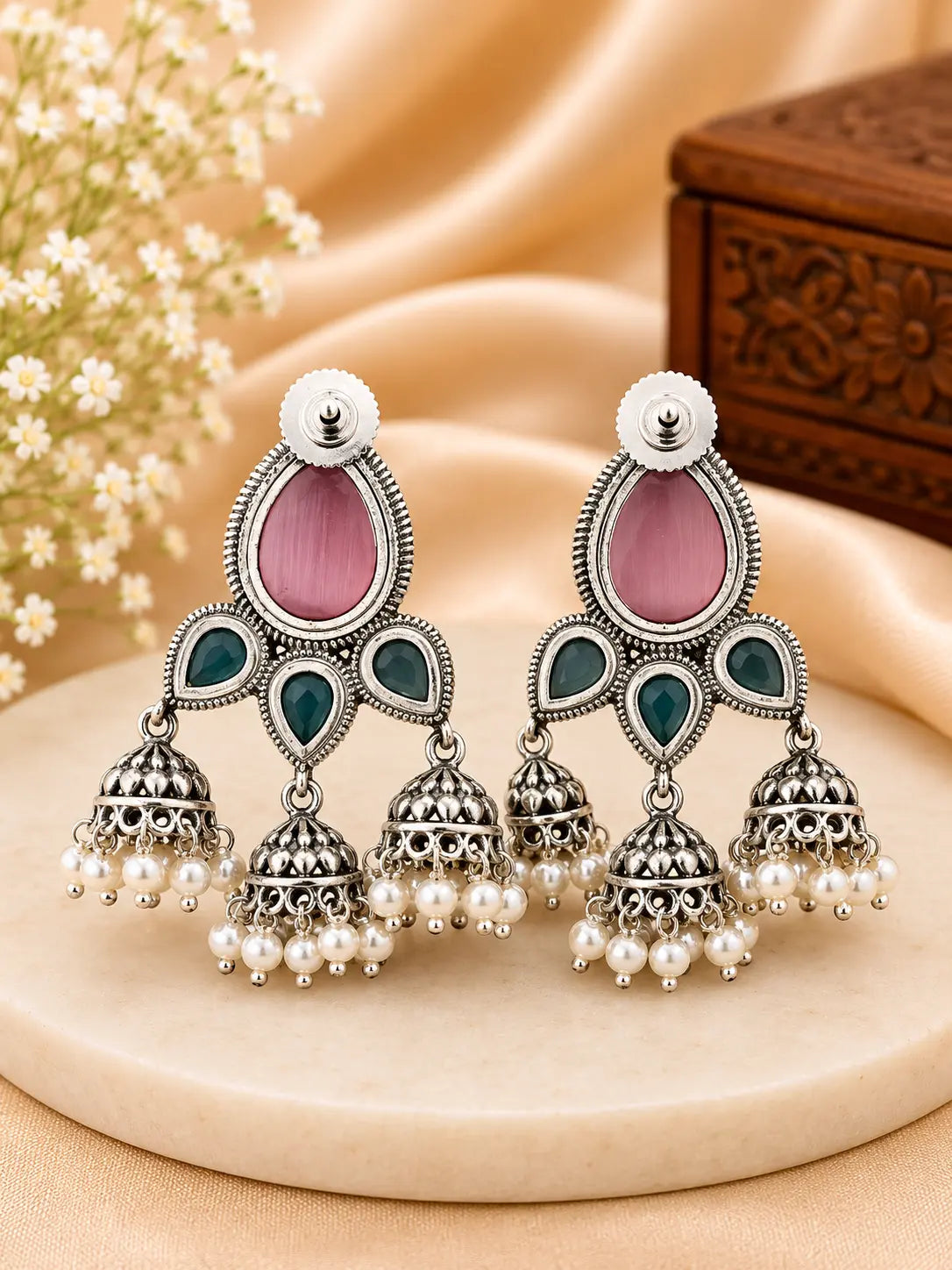 Dual-Tone Stone Jhumka Earrings