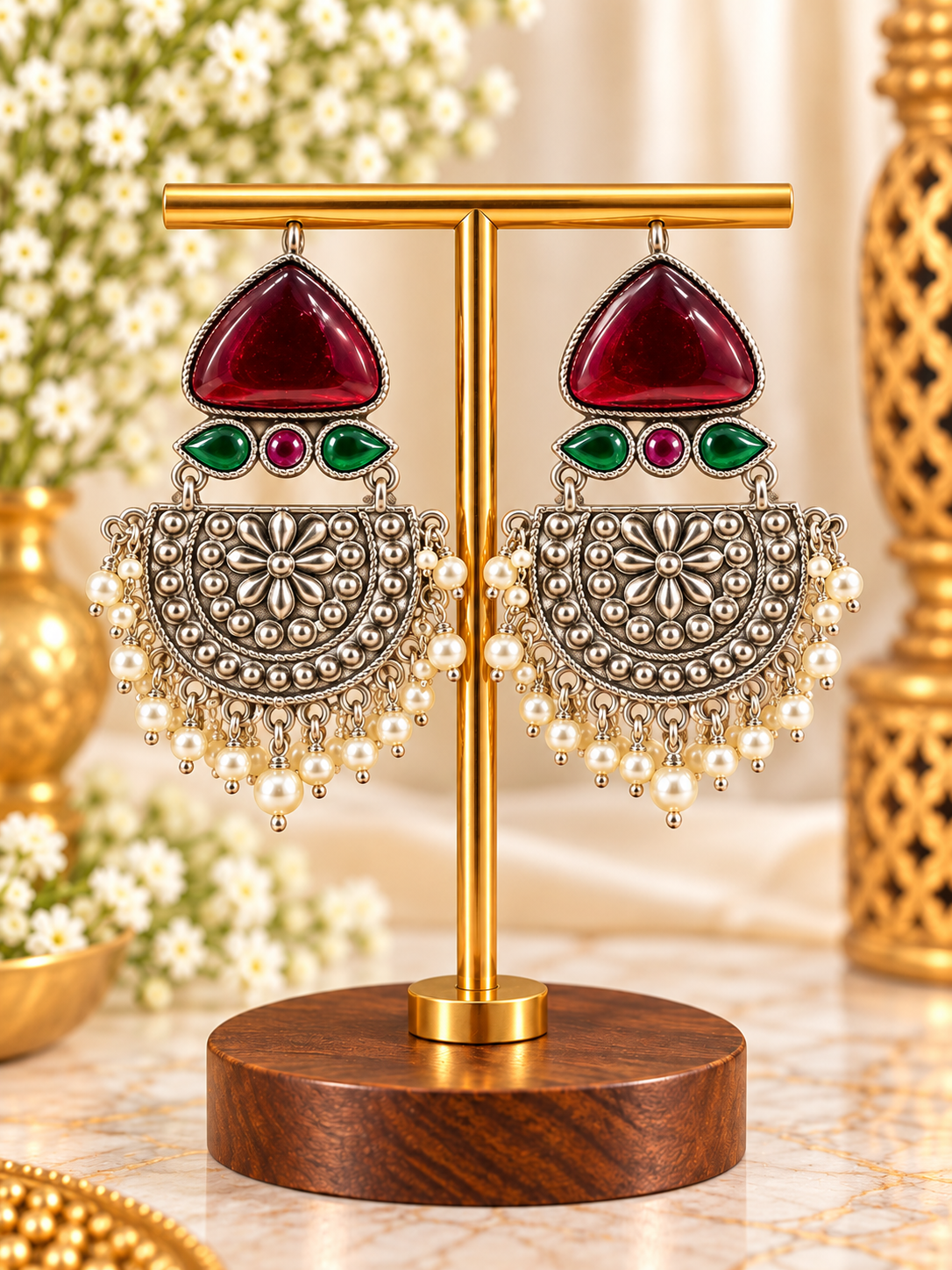 Oxidised Silver Pearl Chandbali Earrings