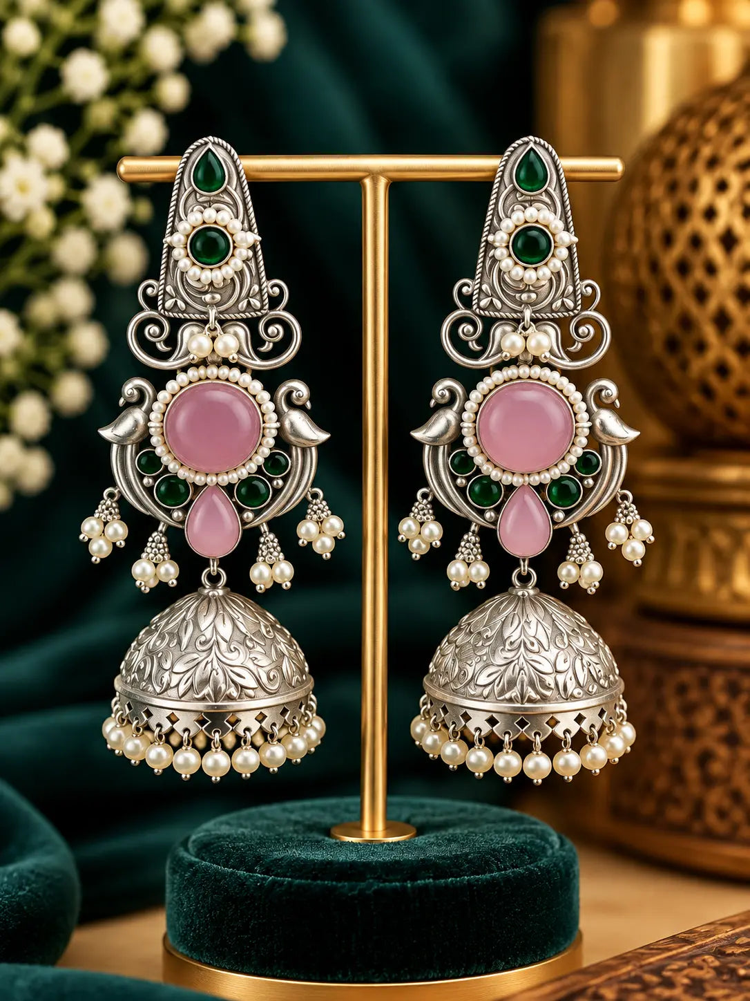 Pearl Oxidised Jhumka Earrings