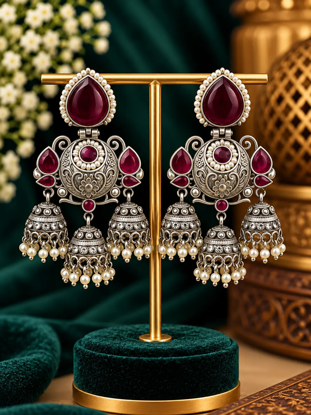 Pearl Oxidised Jhumka Earrings