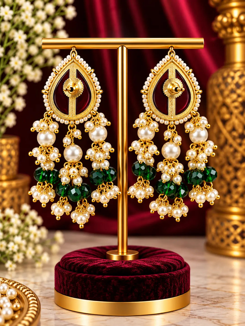 Stone Pearl Drop Statement Earrings