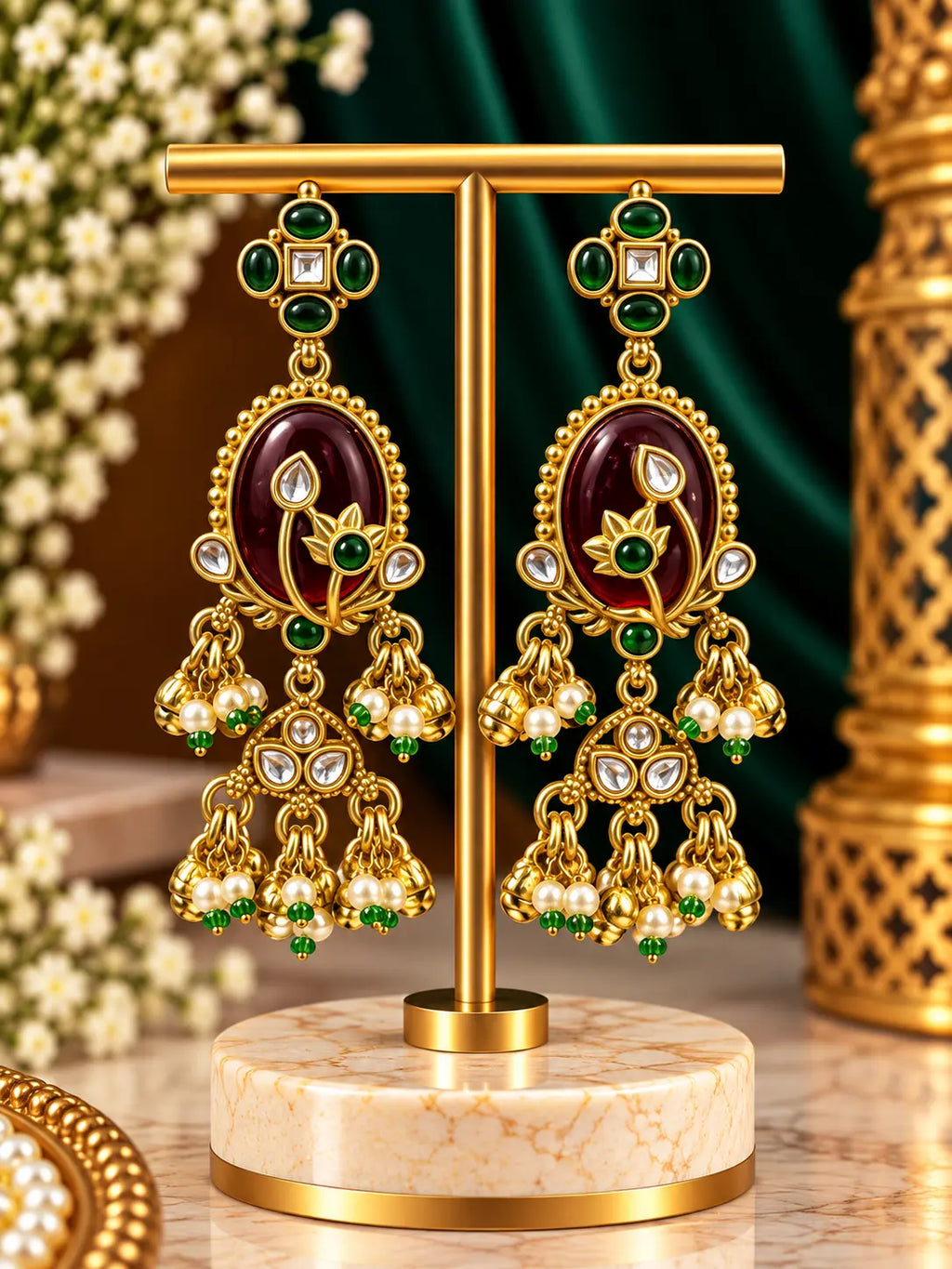 Stone Gold Tone Pearl Jhumka Earrings