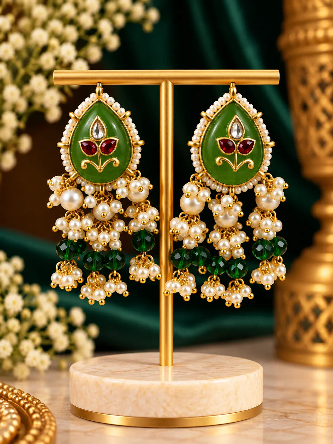 Stone Pearl Drop Statement Earrings