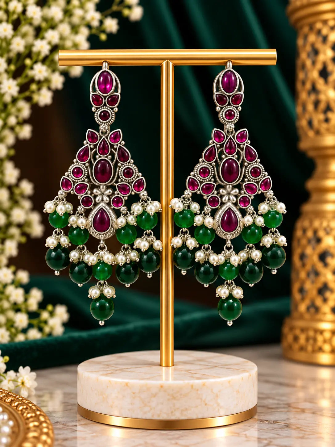 Stone Pearl Drop Statement Earrings